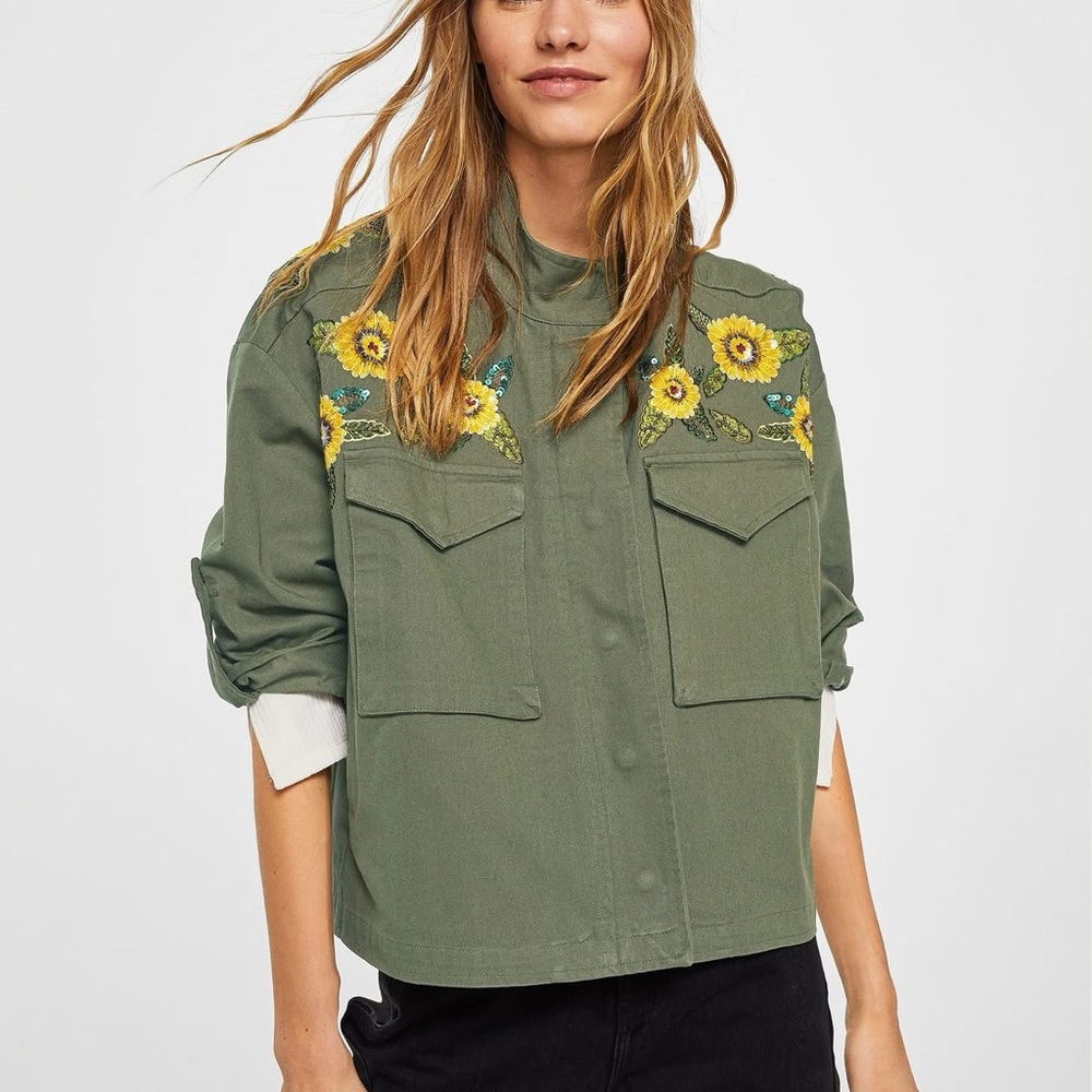 Mango Olive Utility Jacket with Floral Embroidery